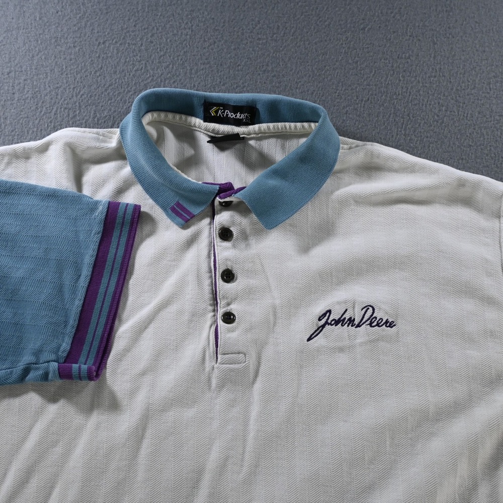 K-Products Mens Vintage 90s John Deere Colorblock Polo Shirt XXL White Blue